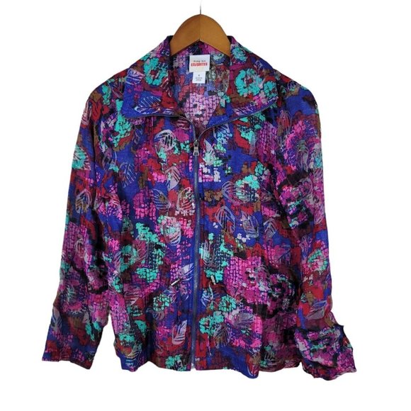 Ruby Rd Size 6 Mesh Jacket Tropical Zip Up Leaf Print Blue Pink Lightweight - Picture 2 of 8